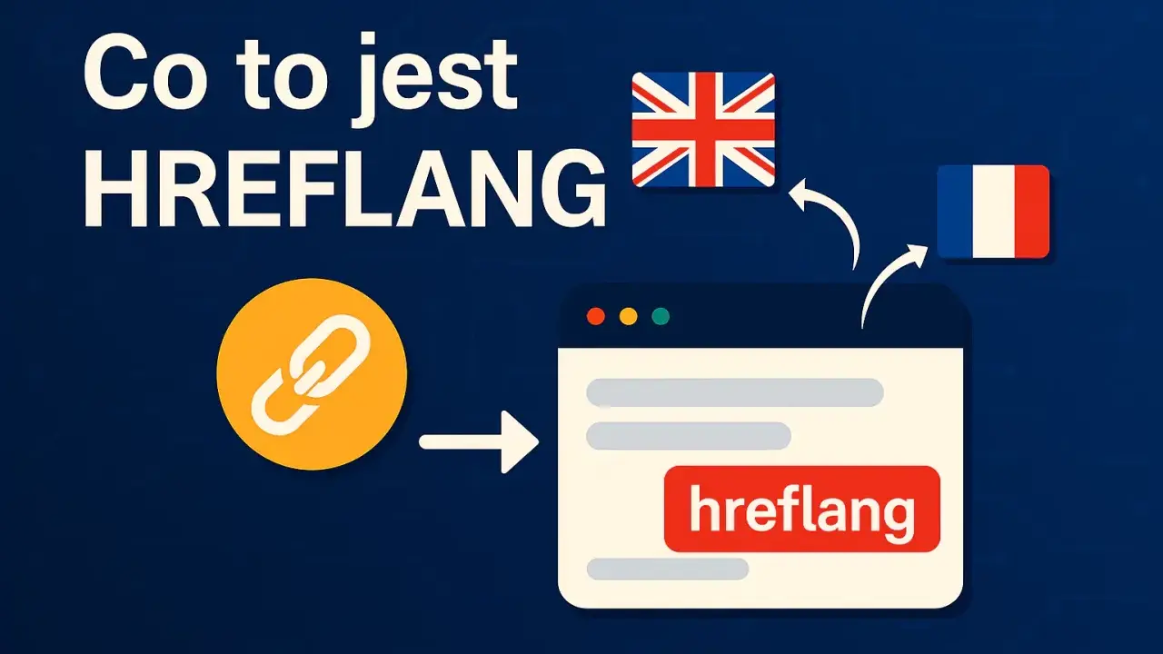 Co to jest HREFLANG? Ikona łącza prowadzi do okna przeglądarki z tekstem "hreflang". Flagi UK i Francji sugerują tłumaczenie.