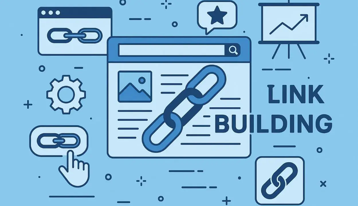 Grafika ilustruje strategię link buildingu: ikony linków, wyszukiwarki, wykresów i narzędzi SEO.