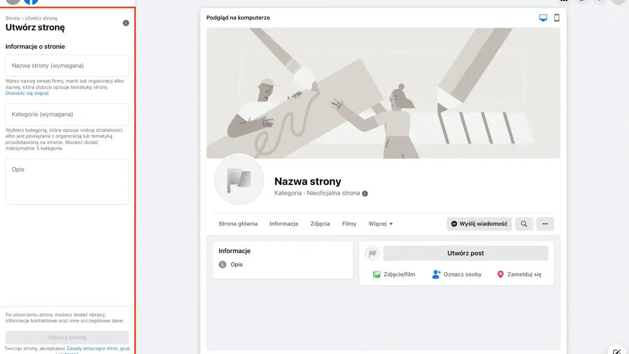 Tworzenie strony na FB: wpisz nazwę, kategorię i opis. Po utworzeniu strony możesz ją udostępnić.
