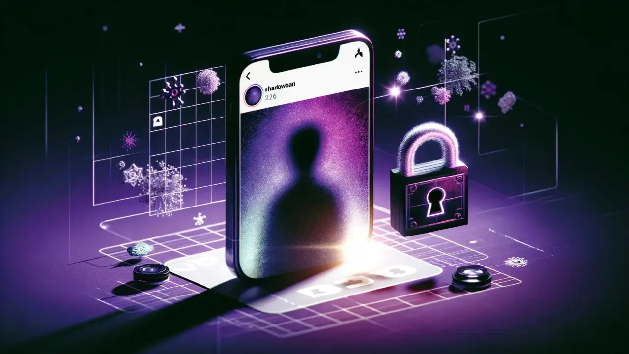 Telefon z profilem "shadowban" i kłódka symbolizują ukryte ograniczenia w mediach społecznościowych.