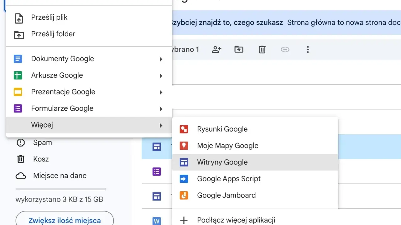 Tworzenie witryny Google jest łatwe. Menu pokazuje opcje, w tym "Witryny Google", do tworzenia stron.