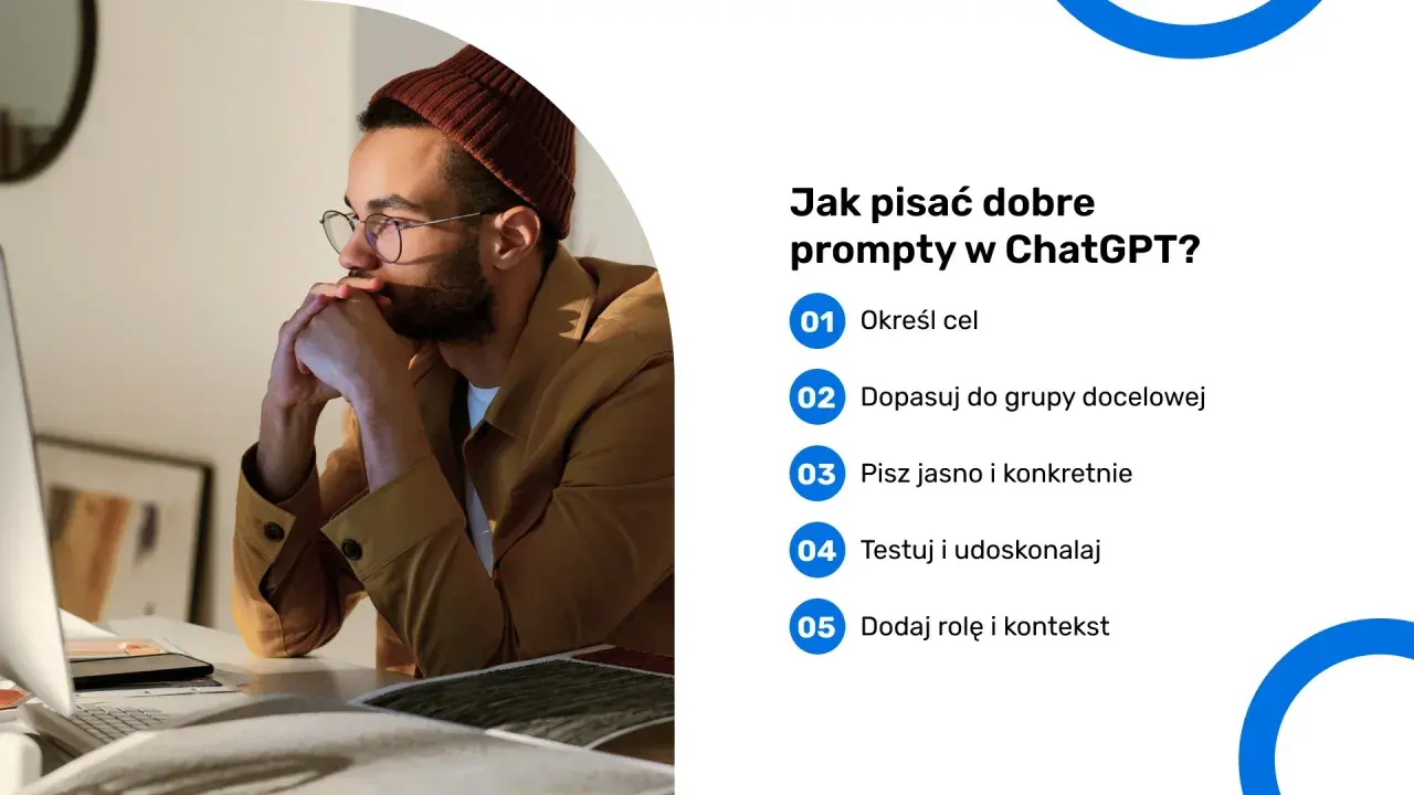 Mężczyzna zamyślony nad ekranem komputera, uczy się tworzyć skuteczne prompty do ChatGPT.