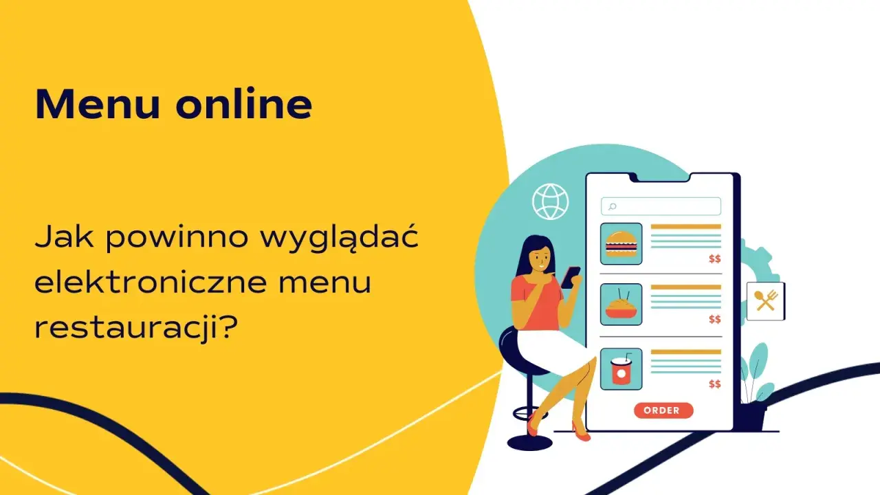 Grafika pokazuje, jak dodać menu na FB. Kobieta przegląda elektroniczne menu restauracji na telefonie.