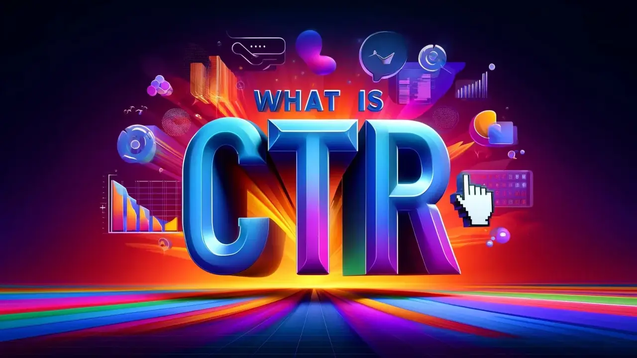 Co to CTR? Wielkie, błyszczące litery CTR na tle wykresów, ikon i kolorowych pasów. Wskaźnik myszy sugeruje kliknięcie.