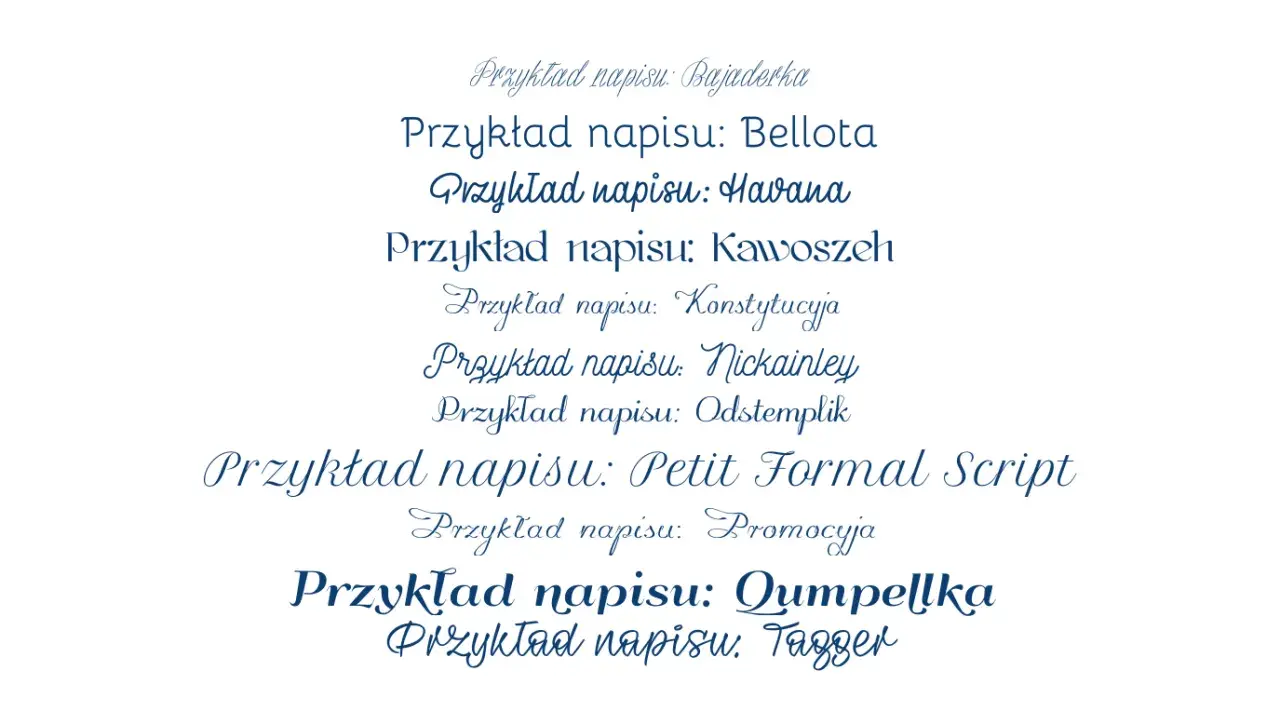 Przykłady napisów w różnych stylach, pokazujące darmowe fonty z polskimi znakami.