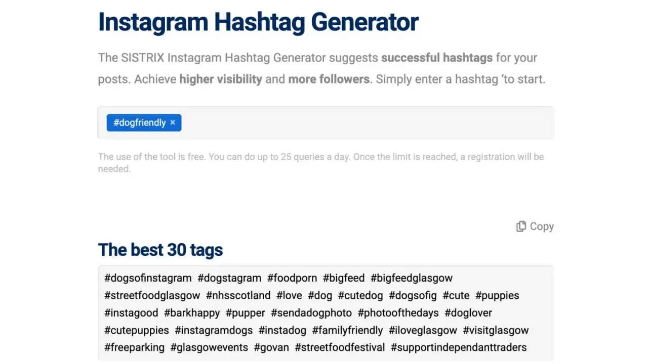 Generator hashtagów na Insta. Sugeruje popularne hashtagi, np. #dogfriendly, #dogsofinstagram, #cute. Pomaga zwiększyć zasięg postów.