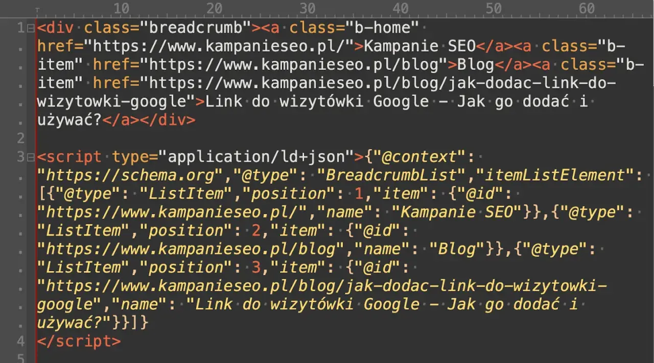 Fragment kodu HTML z linkami do nawigacji (breadcrumbs) i danymi strukturalnymi. Kodowanie HTML.