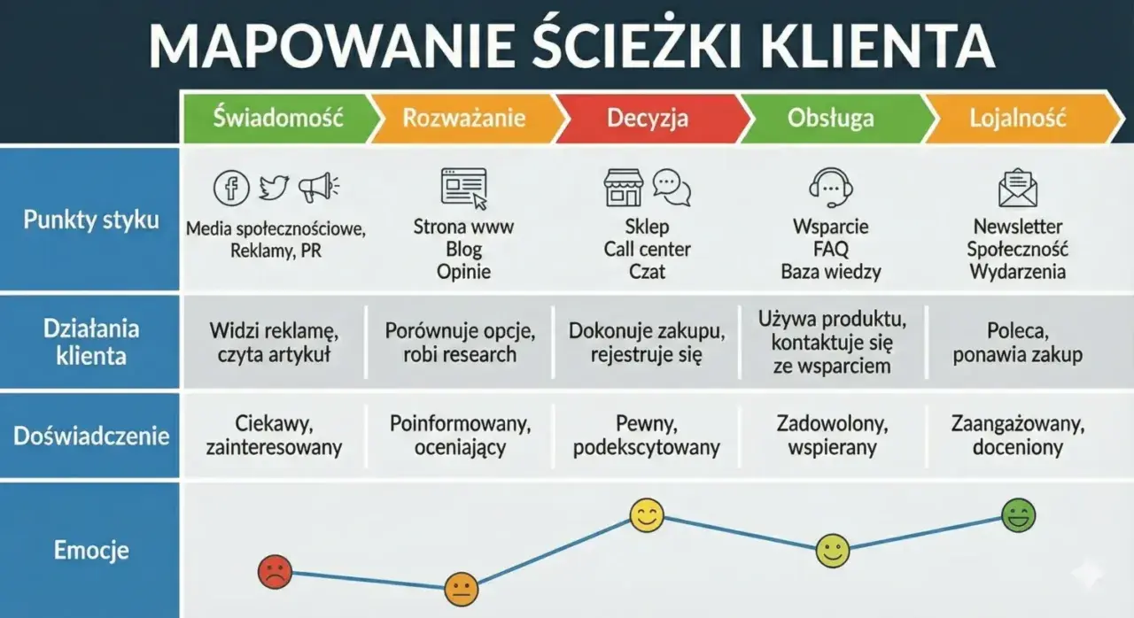 Mapa ścieżki klienta: od świadomości po lojalność, pokazująca punkty styku, działania, doświadczenia i emocje. Kluczowe dla badania potrzeb klienta.