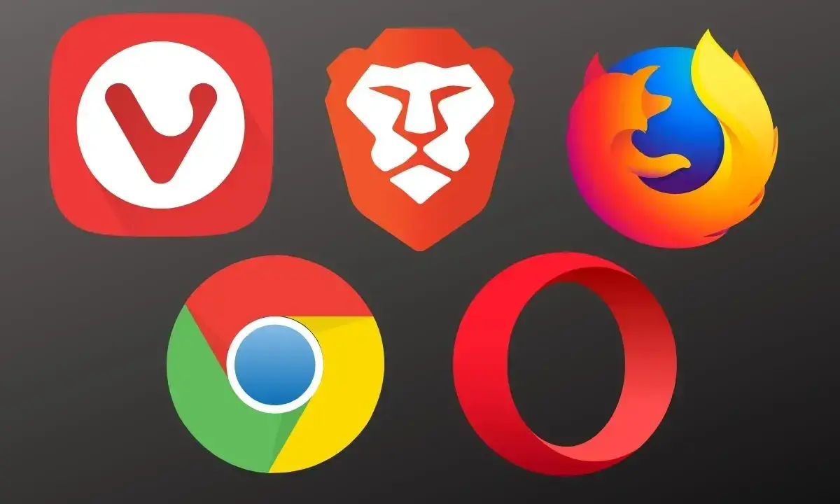 Ikony popularnych przeglądarek internetowych: Vivaldi, Brave, Firefox, Chrome i Opera.