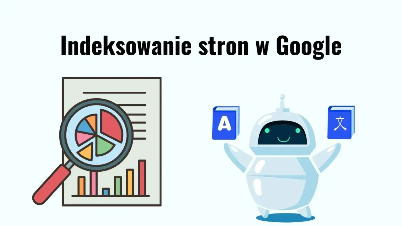 Grafika ilustruje indeksowanie stron w Google. Widoczny robot trzyma książki z literą "A" i chińskim znakiem. Obok wykresy i lupa.