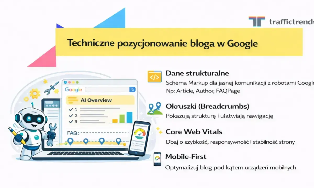 Grafika przedstawia kluczowe elementy technicznego pozycjonowania bloga w Google: dane strukturalne, okruszki, Core Web Vitals i mobile-first.