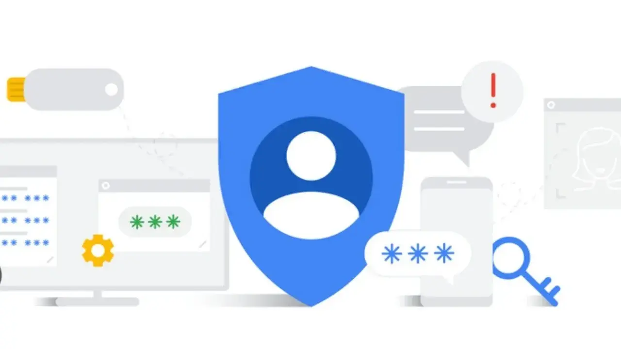 Bezpieczeństwo danych i personalizacja reklam Google. Tarcza chroni dane, klucz otwiera dostęp, a ikony symbolizują hasła i urządzenia.