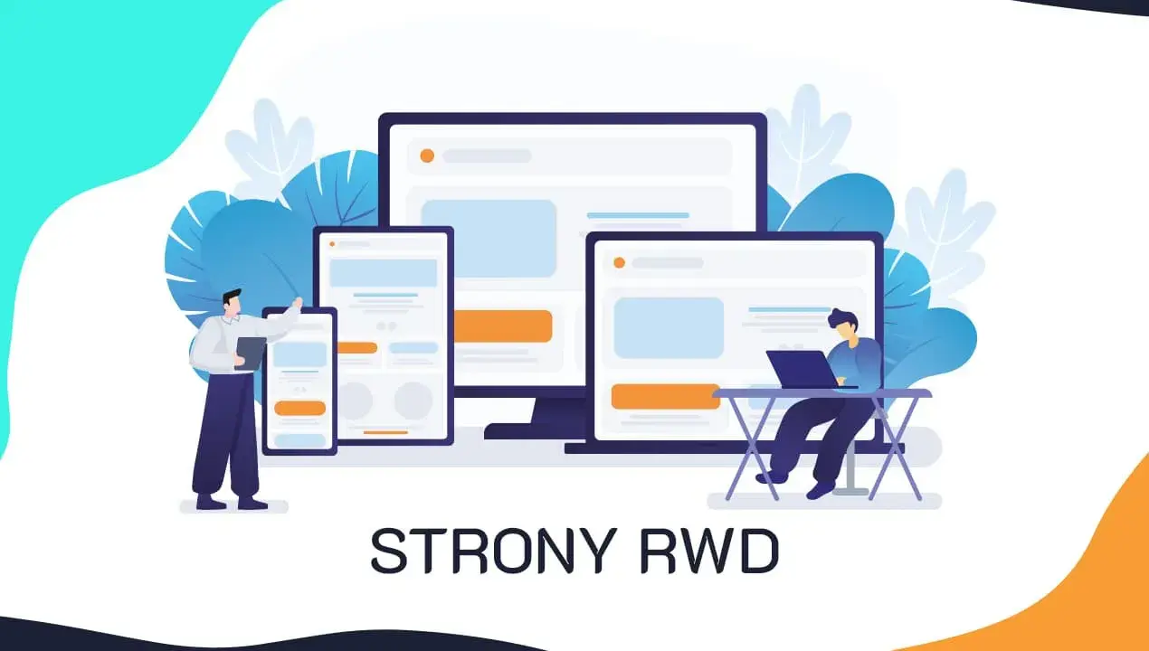 Ilustracja pokazuje projektowanie stron RWD. Widzimy ekrany różnych urządzeń i ludzi pracujących nad nimi.