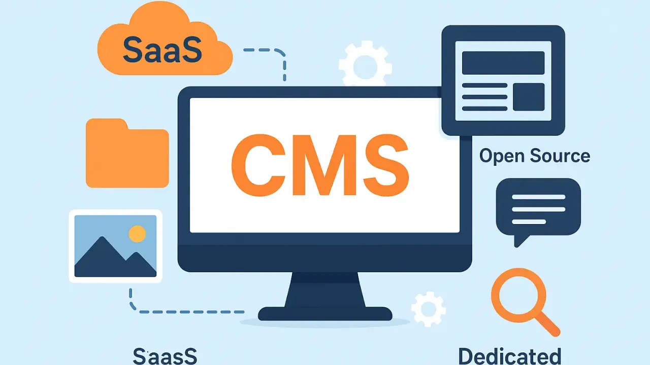 Grafika wyjaśnia, cms co to: systemy SaaS, Open Source i Dedicated. Komputer z napisem CMS w centrum.