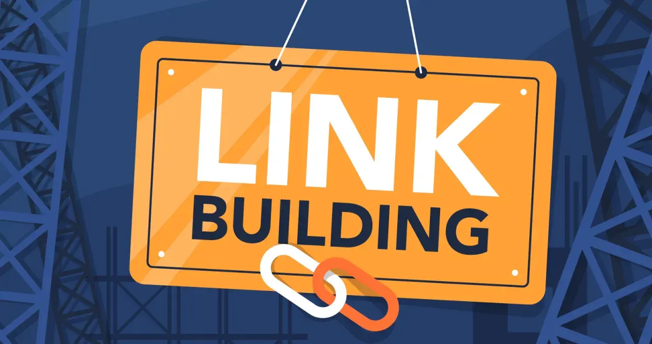 Tablica z napisem "LINK BUILDING" i symbolem łańcucha. Kluczowy element strategii seo backlink.