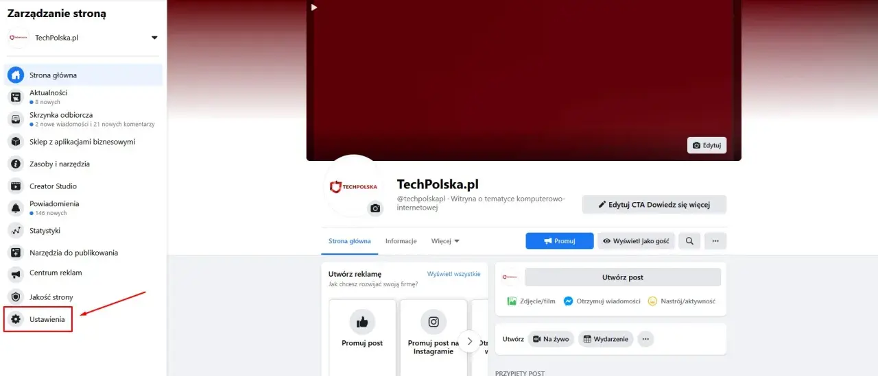 Kliknij "Ustawienia", by dowiedzieć się, jak sprawdzić ilość wyświetleń posta na FB.