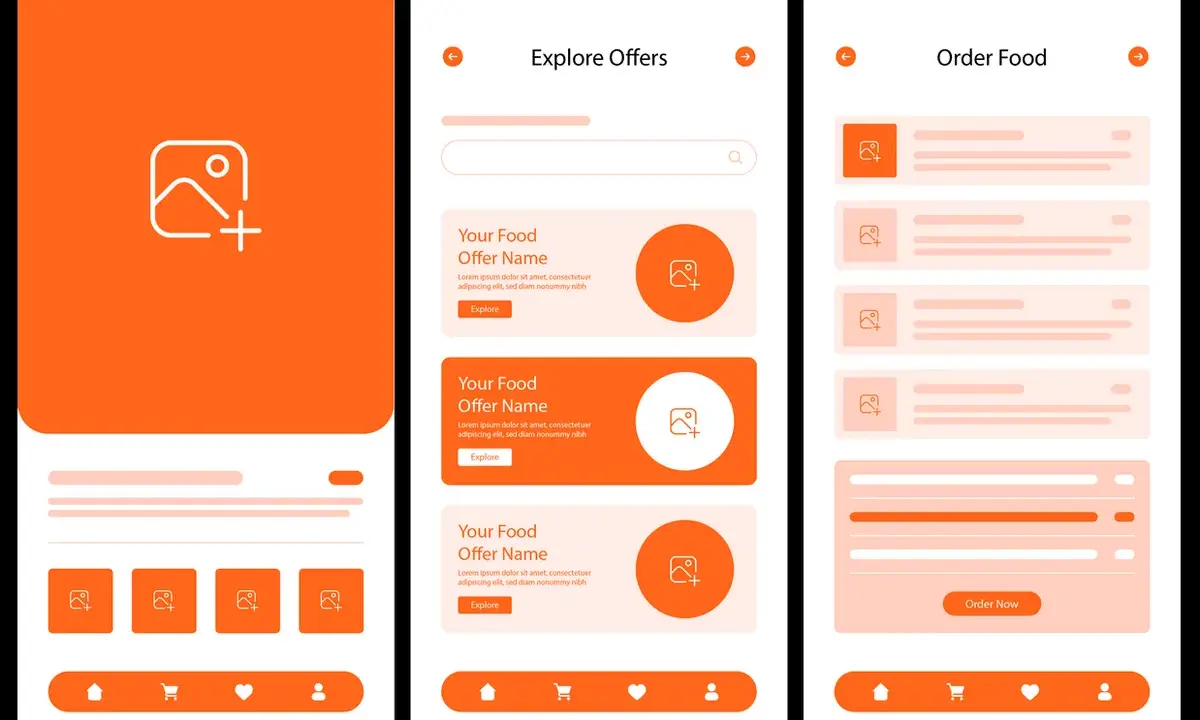 Projekt aplikacji mobilnej z pomarańczowymi elementami, prezentujący ekrany "Explore Offers" i "Order Food". Dobry ux design ułatwia przeglądanie ofert.