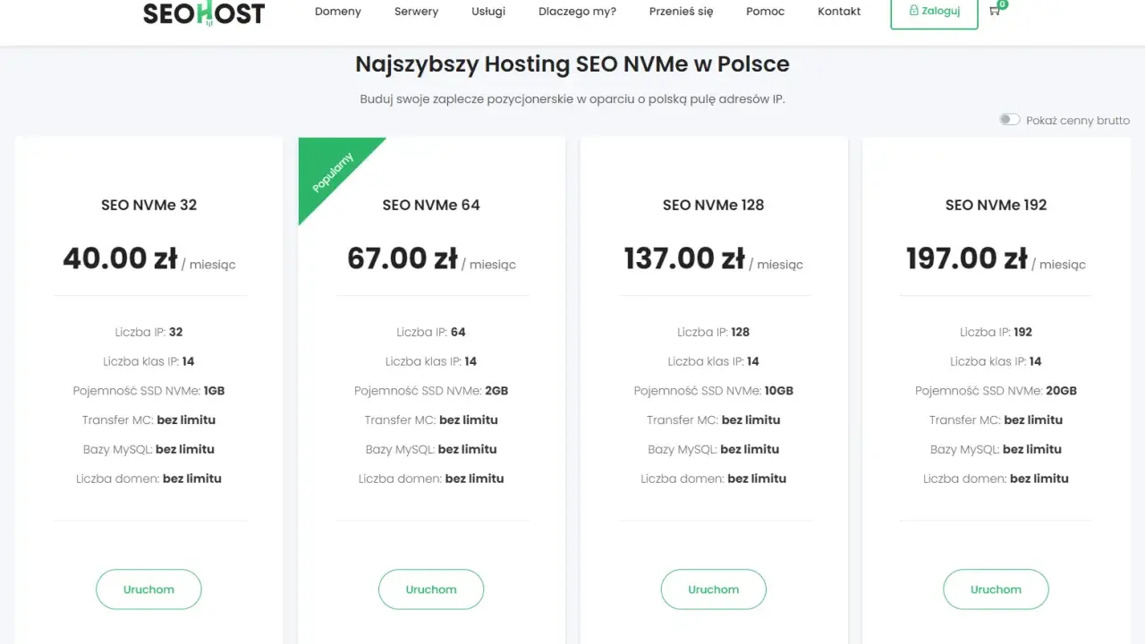 Oferty hostingu SEO NVMe: 32 IP za 40 zł, 64 IP za 67 zł, 128 IP za 137 zł, 192 IP za 197 zł miesięcznie.