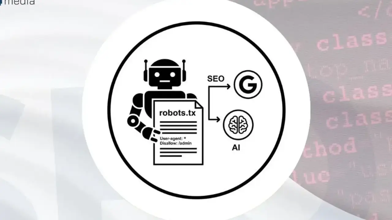 Grafika przedstawia robota trzymającego plik robots.txt, który wpływa na SEO i AI.
