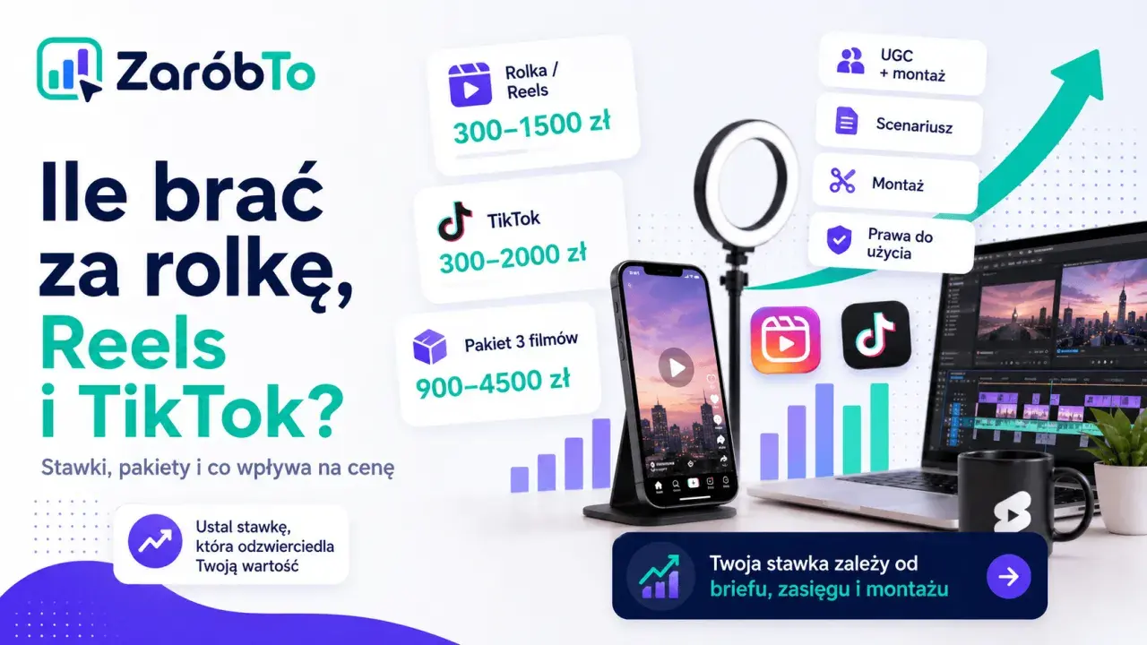 Ile wyświetleń na TikToku to dużo? Grafika pokazuje stawki za rolki, Reels i TikToka, od 300 do 4500 zł.