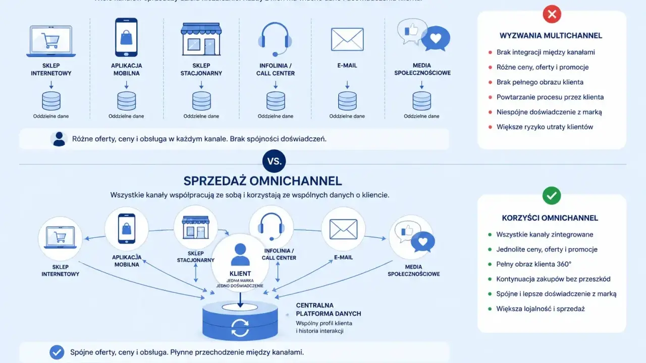 Omnichannel co to? Porównanie sprzedaży multichannnel (niezależne kanały) i omnichannel (zintegrowane kanały) dla spójnego doświadczenia klienta.