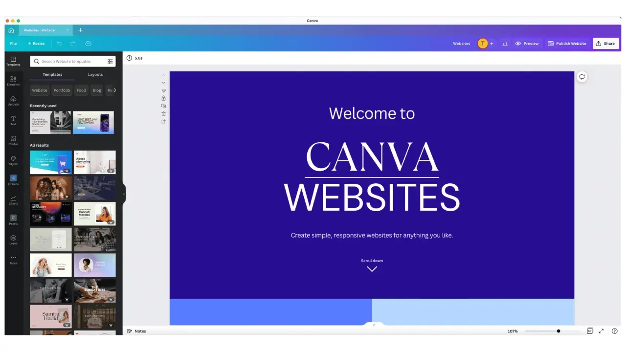 Interfejs edytora **Canva strona internetowa** z widokiem szablonów i ekranem powitalnym "Welcome to Canva Websites".