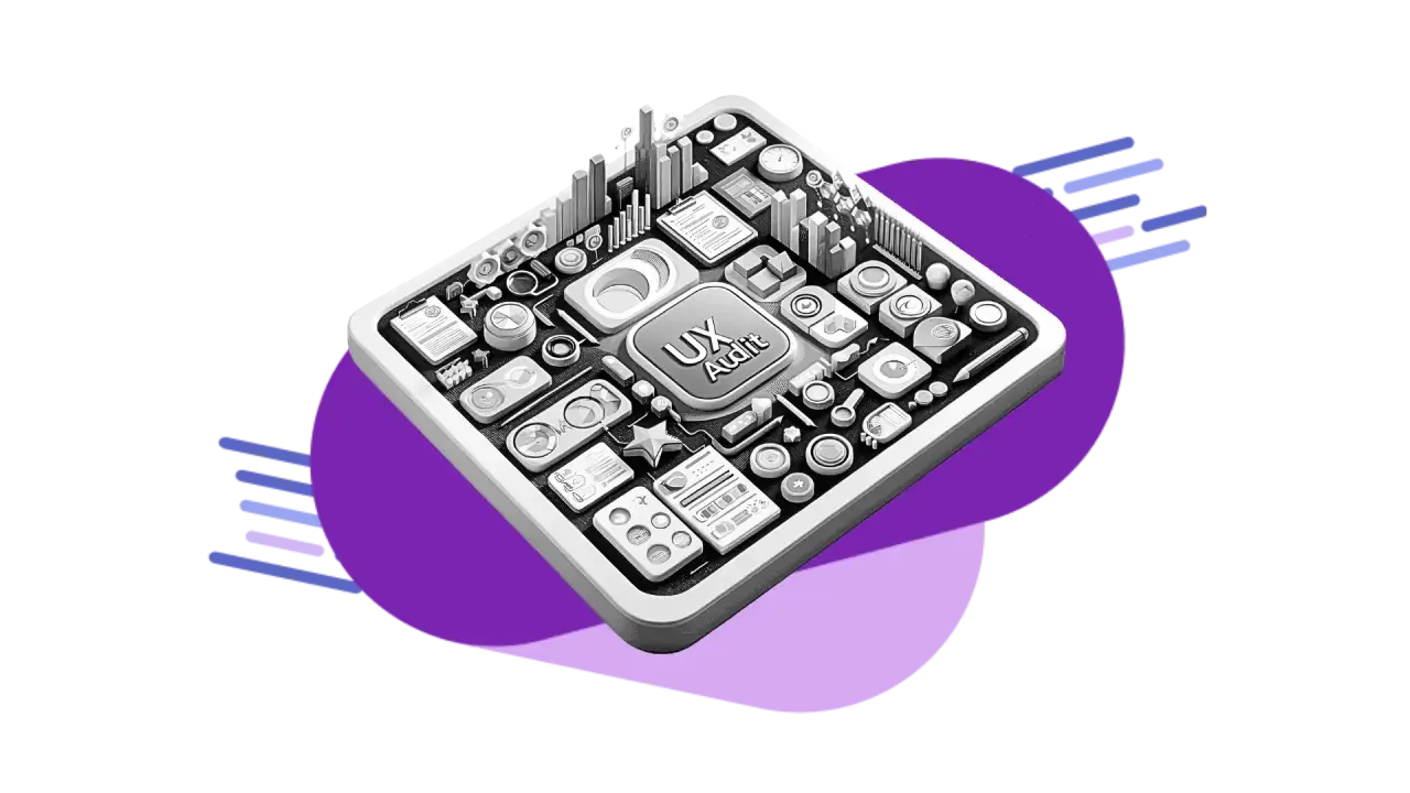 Złożony panel z ikonami i napisem "UX Audit" symbolizuje kompleksową analizę web usability.
