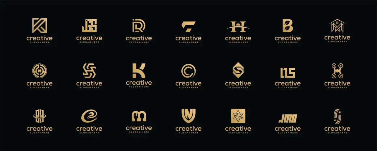 Złote, nowoczesne logo na czarnym tle. Kolekcja zawiera różne projekty, od liter po abstrakcyjne kształty, wszystkie z napisem "creative".
