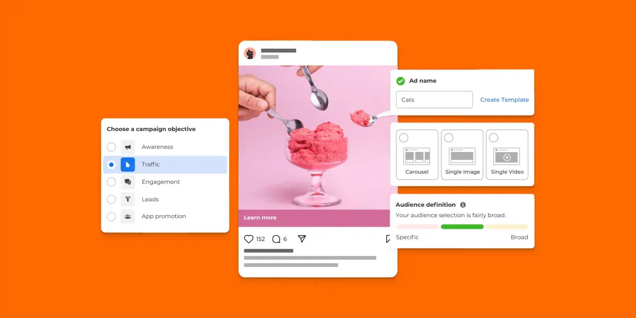 Tworzenie kampanii reklamowej: wybór celu "Traffic", nazwa "Cats", format "Single Image". To klucz do skutecznego marketing doświadczeń.