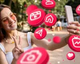 Uśmiechnięta dziewczyna robi selfie, otoczona ikonami mediów społecznościowych. Zastanawia się, followers co to znaczy dla jej popularności.