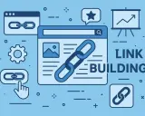 Grafika ilustruje strategię link buildingu: ikony linków, wyszukiwarki, wykresów i narzędzi SEO.