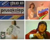Kolaż reklam: "Prusakolep" - pierwsza reklama w Polsce, kobieta z proszkiem Pollena 2000, reklama podpasek Nana, mężczyzna w stroju ludowym.