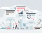 Ilustracja przedstawia proces poprawy **page rank**. Ludzie wspinają się po drabinie, analizują strony internetowe i pracują nad optymalizacją.