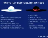 Grafika porównuje White Hat SEO (biały kapelusz) z technikami black hat seo (czarny kapelusz), takimi jak cloaking i spam.