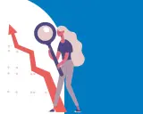 Kobieta z lupą analizuje wykres wzrostu. To ilustracja pokazująca, czym jest benchmarking i jak pomaga w analizie danych.
