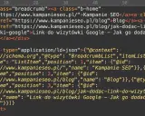 Fragment kodu HTML z linkami do nawigacji (breadcrumbs) i danymi strukturalnymi. Kodowanie HTML.