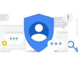 Bezpieczeństwo danych i personalizacja reklam Google. Tarcza chroni dane, klucz otwiera dostęp, a ikony symbolizują hasła i urządzenia.