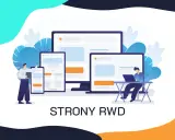 Ilustracja pokazuje projektowanie stron RWD. Widzimy ekrany różnych urządzeń i ludzi pracujących nad nimi.