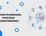 Proces planowania strategii marketingowej: od pomysłu do realizacji. Ikony symbolizują analizę, cele, grupę docelową i kalendarz.