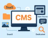 Grafika wyjaśnia, cms co to: systemy SaaS, Open Source i Dedicated. Komputer z napisem CMS w centrum.
