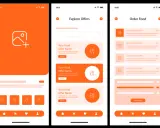 Projekt aplikacji mobilnej z pomarańczowymi elementami, prezentujący ekrany "Explore Offers" i "Order Food". Dobry ux design ułatwia przeglądanie ofert.
