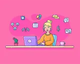 Kobieta pracuje przy laptopie, otoczona ikonami symbolizującymi analizę danych, cele i komunikację. To dobry przykład segmentacji klientów.