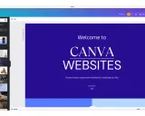 Interfejs edytora **Canva strona internetowa** z widokiem szablonów i ekranem powitalnym "Welcome to Canva Websites".