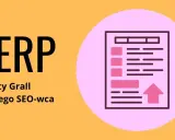 SERP, czyli wyniki wyszukiwania, to Święty Graal każdego SEO-wca. Grafika przedstawia listę wyników z ikoną strzałki w górę.