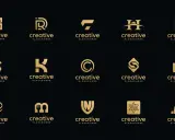 Złote, nowoczesne logo na czarnym tle. Kolekcja zawiera różne projekty, od liter po abstrakcyjne kształty, wszystkie z napisem "creative".