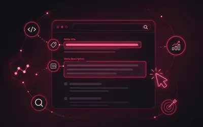 Optymalizacja SEO: pole na meta title, meta description, ikony kodu, tagów, wykresów i wyszukiwania.