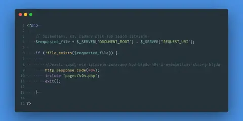 Kod PHP sprawdzający istnienie pliku. Jeśli plik nie istnieje, zwraca kod błędu 404 i włącza stronę błędu.