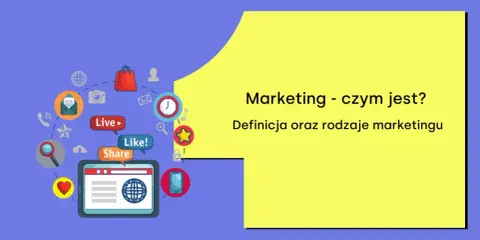 Grafika przedstawia ikony związane z marketingiem: koszyk, lupę, serce, tablet z globusem, telefony, kopertę, zegar. Tekst: "Marketing - czym jest? Definicja oraz rodzaje marketingu".