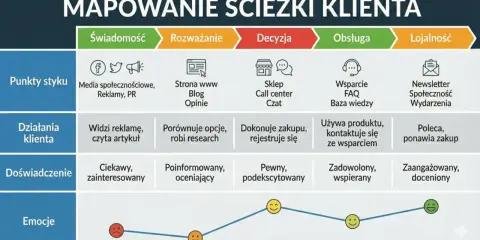 Mapa ścieżki klienta: od świadomości po lojalność, pokazująca punkty styku, działania, doświadczenia i emocje. Kluczowe dla badania potrzeb klienta.