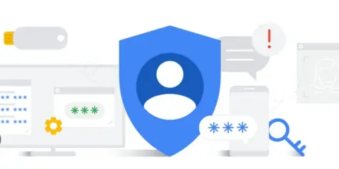 Bezpieczeństwo danych i personalizacja reklam Google. Tarcza chroni dane, klucz otwiera dostęp, a ikony symbolizują hasła i urządzenia.